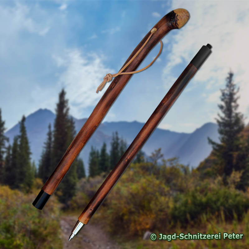 Geteilter-Zweiteiliger Wurzelstock. Wurzel-Wanderstock mit einer Aluverschraubung, Lederriemen und einer Bergstockspitze.
